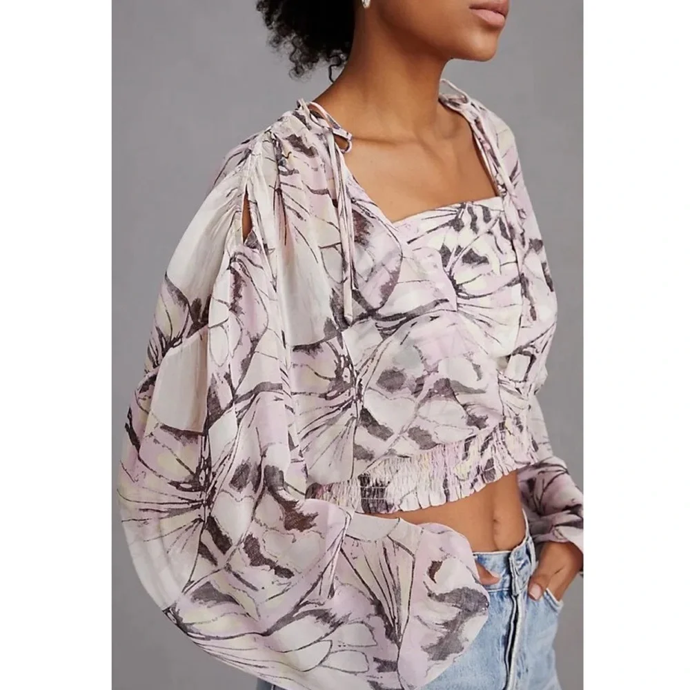 NWT By Anthropologie Floral Blouse S Purple Fairy‎ Pastel Sheer Peasant Whimsy